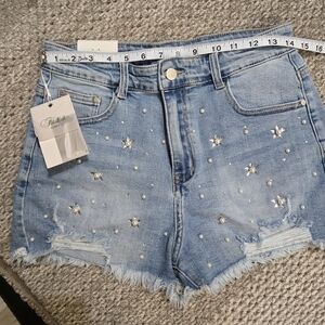 Embellished Light Blue Denim Shorts